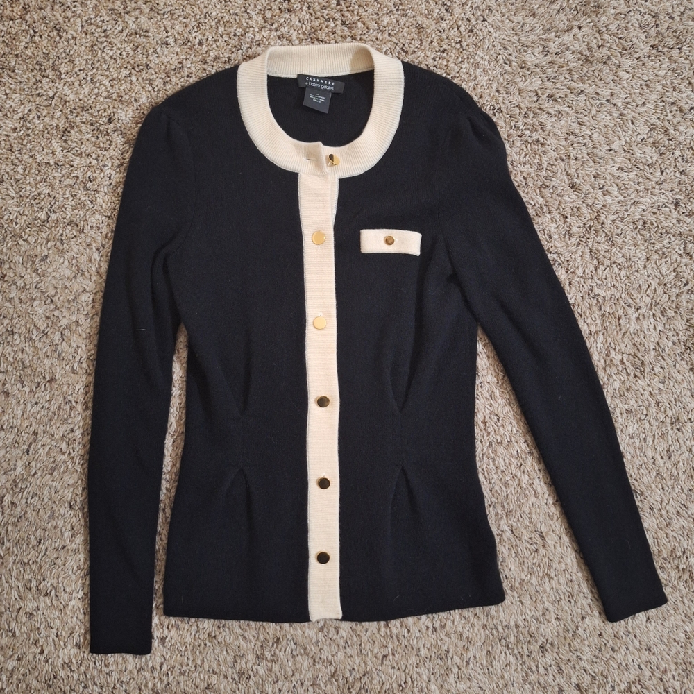C by Bloomingdale's 100% Cashmere Contrast Trim Cardigan Gold Buttons XS